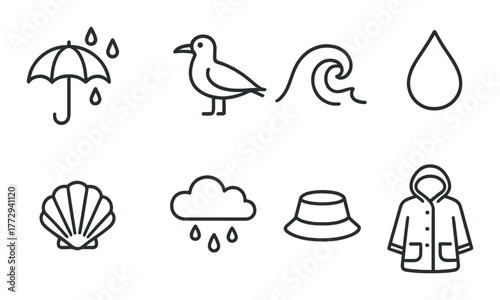 Monochrome nautical icons with umbrella, bird, wave, and raincoat on dark background