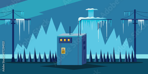 Power box covered in icicles surrounded by snowy mountains and trees  
