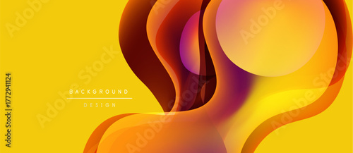 Abstract flowing shapes, warm colors dominate. Dynamic composition creates modern background design. Smooth gradients, vibrant hues present.