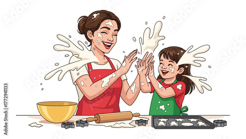 Joyful Baking Session: A mother and child share laughter and flour-covered hands as they bake, celebrating the simple pleasure of making cookies together