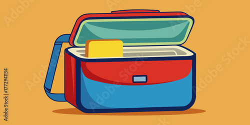 Insulated lunch bag opened with yellow container inside on orange background  