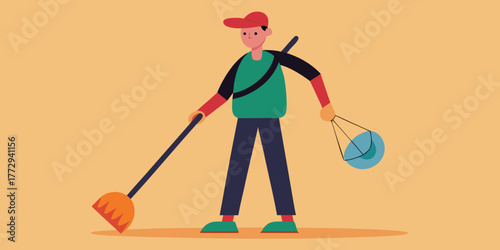 Litter grabber holding a trash picker and bag against orange background  