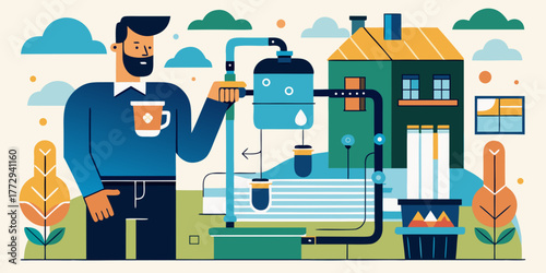 Man demonstrating water filtration system at home with plant background  