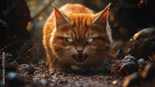 Fierce orange tabby cat with glowing eyes, snarling in dappled forest light