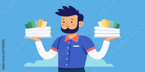 Man holding two plates of colorful cloth napkins in bright setting  