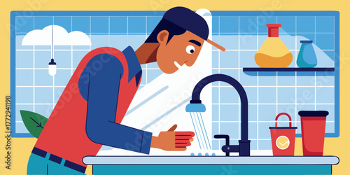 Man replacing faucet aerator while washing dishes in modern kitchen  