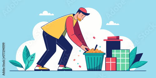 Man picking up litter near trash bin with gifts in background  