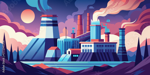 Industrial power plant illustration with colorful skyline at sunset  