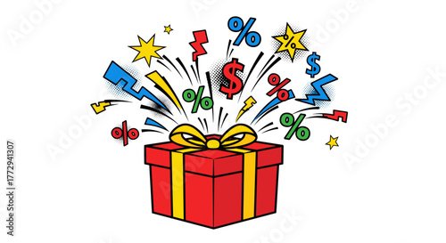 Gift box exploding with discounts, stars, and colorful elements  