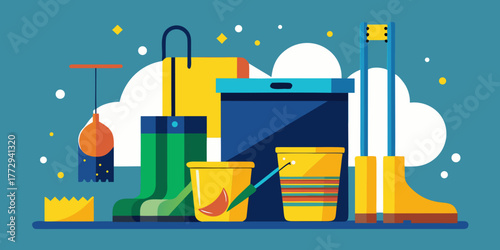 Cleaning supplies and rain boots arranged on colorful background  