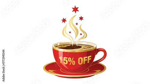 Delectable Discount: An artistic representation of a steaming cup of coffee, elegantly designed with a 15% OFF offer on its surface. Evoking the essence of warmth, aroma.