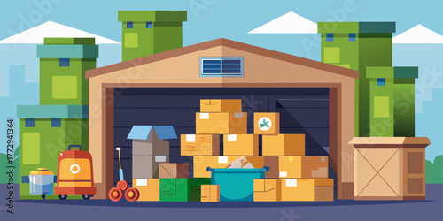 Stacked cardboard boxes and recycling bins in a garage setting  