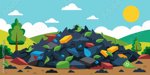 Recycled rubber mulch pile in sunny outdoor landscape with trees  