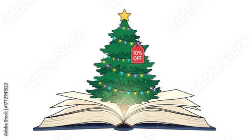 Literary Christmas: A magical illustration of a Christmas tree erupting from the pages of an open book, symbolizing the joy of reading and the festive season.