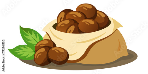 Soapnuts in a cotton bag with green leaves on a neutral background  