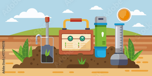 Soil test kit with tools and equipment on dirt background  