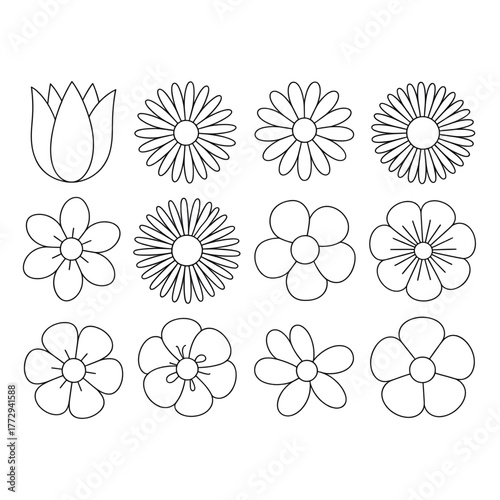 A black and white line drawings of different flowers coloring page