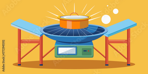 Solar oven with cooking pot steaming on bright background  