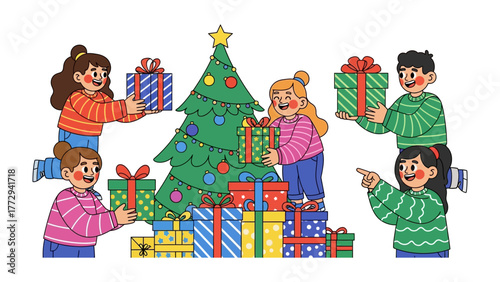 Holiday Cheer: Joyful family exchange festive gifts around a decorated Christmas tree, evoking the spirit of the season.