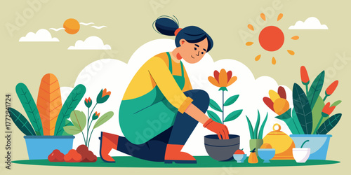 Woman planting flowers in pots while gardening outdoors in spring  