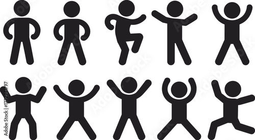 Set of ten human silhouette figures in various dynamic poses, minimalist vector illustration for body language, movement, action, dance, fitness concepts