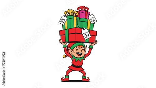 Holiday Cheer: A whimsical illustration of a jovial elf cheerfully carries a tower of colorful, gift-wrapped presents, epitomizing the festive spirit of holiday celebrations.