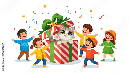 Joyful Discovery: A group of children surround a vibrant present box, filled with a cute cat, with streamers creating a happy ambience.