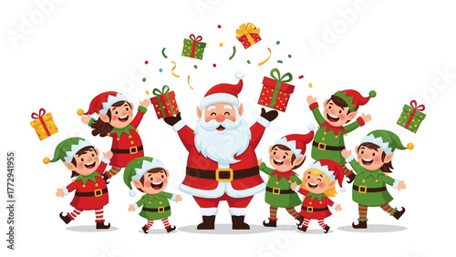 Joyful Santa with Elves: A cheerful illustration of Santa Claus surrounded by playful elves, celebrating the spirit of Christmas, surrounded by colorful gift boxes and festive confetti. 