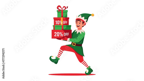 Christmas Elf with Gift Boxes: A cheerful elf happily carries a stack of festive gift boxes adorned with vibrant bows and enticing discount labels.