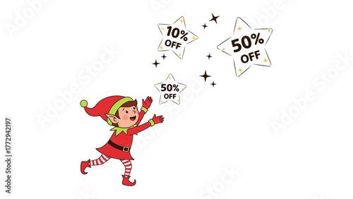 Holiday Sale's Magic: An elf eagerly reaches for sparkling stars, each bearing tempting discount offers, evoking the festive spirit of holiday shopping and seasonal deals.