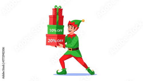 Festive Elf and Discount: A joyful elf, adorned in a festive green ensemble, balances a stack of gift boxes offering enticing discounts, embodying the holiday spirit of savings and cheer.
