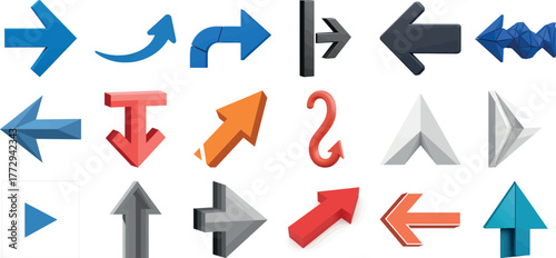 Assortment of diverse arrow symbols and icons in various styles and orientations