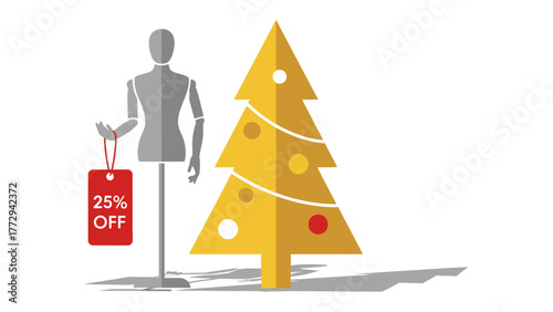 Holiday Season Sale: A festive illustration of a mannequin holding a price tag beside a holiday tree, symbolizing seasonal savings and retail promotions.