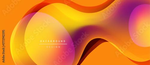 Abstract fluid shapes blend vibrant orange, yellow, purple hues. Modern design suggests energy, movement, dynamic composition. Background features text elements.