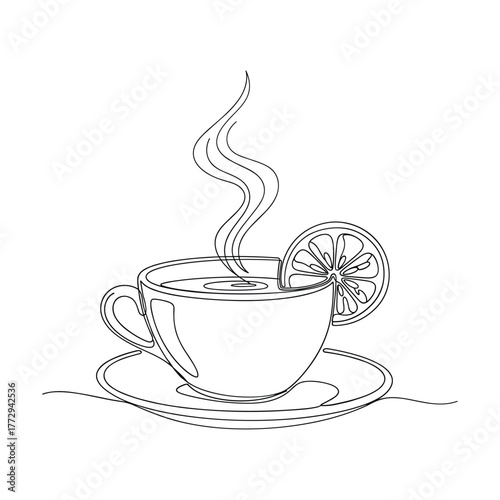 Hand drawn sketch of a steaming cup of tea with a lemon slice on a saucer