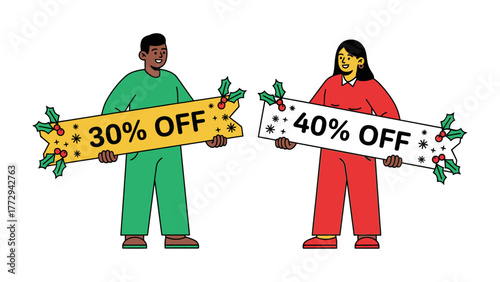 Holiday Deals: Festive figures display sale signs, presenting enticing discounts during a seasonal promotion, highlighting deals.