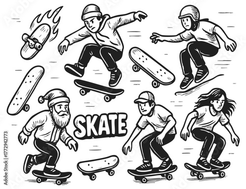 Skateboarders cartoon illustration performing tricks, generative ai