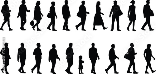 Silhouette vector illustration of diverse people walking in urban street scene with men, women, child, carrying bags and purses
