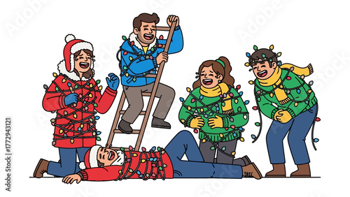 Festive Fiasco: A lighthearted illustration of a group of friends entangled in decorative lights, evoking a mood of humor and shared holiday joy.