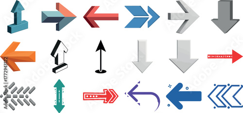 Collection of various arrow icons in different shapes, colors, and directions