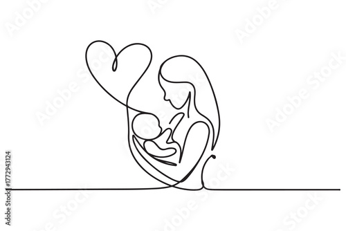 Logo with mother holding her baby with heart shape. one line Icon drawing with white background