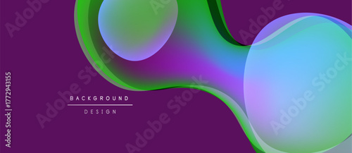 Abstract purple backdrop features overlapping vibrant circles. Gradient hues blend green, blue, violet creating dynamic visual effect. Modern design element.