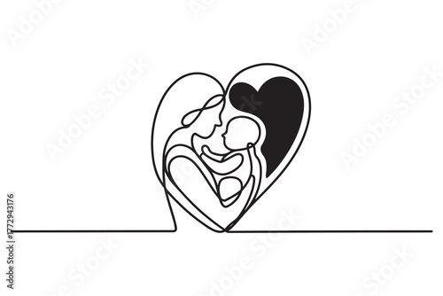 Logo with mother holding her baby with heart shape. one line Icon drawing with white background
