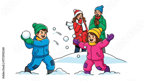 Winter Wonderland Snowball Fight: A heartwarming winter scene unfolds as two children engage in a joyful snowball fight, while two adults watch with delight. It's a picturesque moment.