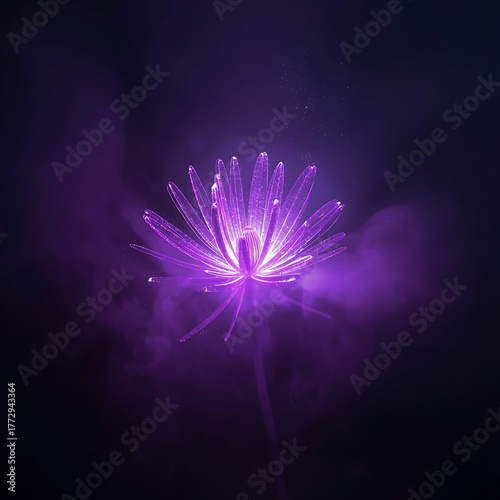 From darkness, purple energy expands like a cosmic flower, with light veins pulsating, surrounded by drifting dust, conveying a mystical deep-space feeling.