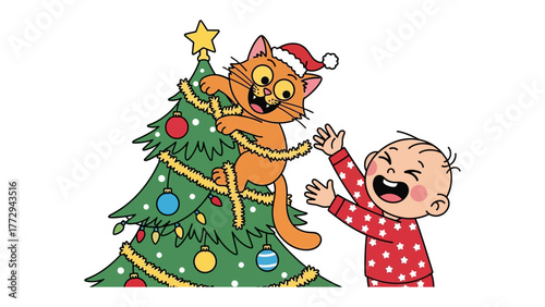 Cat and Baby Playful Christmas: A cute kitten and baby are joyfully engaged in a playful Christmas moment with festive tree, expressing the spirit of holiday cheer.