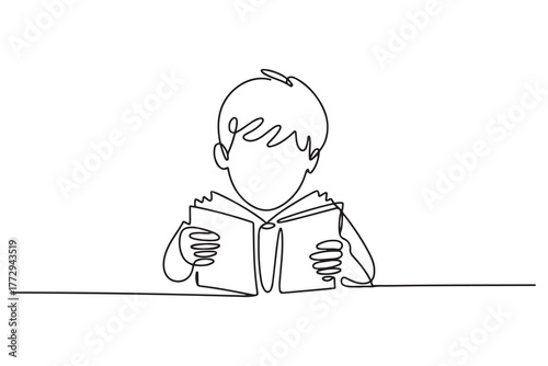 Boy studying with reading book. Back to school concept. Continuous line drawing. one line Icon drawing with white background