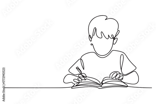 Boy studying with reading book. Back to school concept. Continuous line drawing. one line Icon drawing with white background