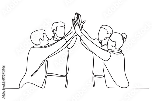 Drawing of diverse group huddle and high five hands together in office workshop. one line Icon drawing with white background
