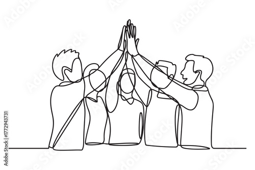 Drawing of diverse group huddle and high five hands together in office workshop. one line Icon drawing with white background